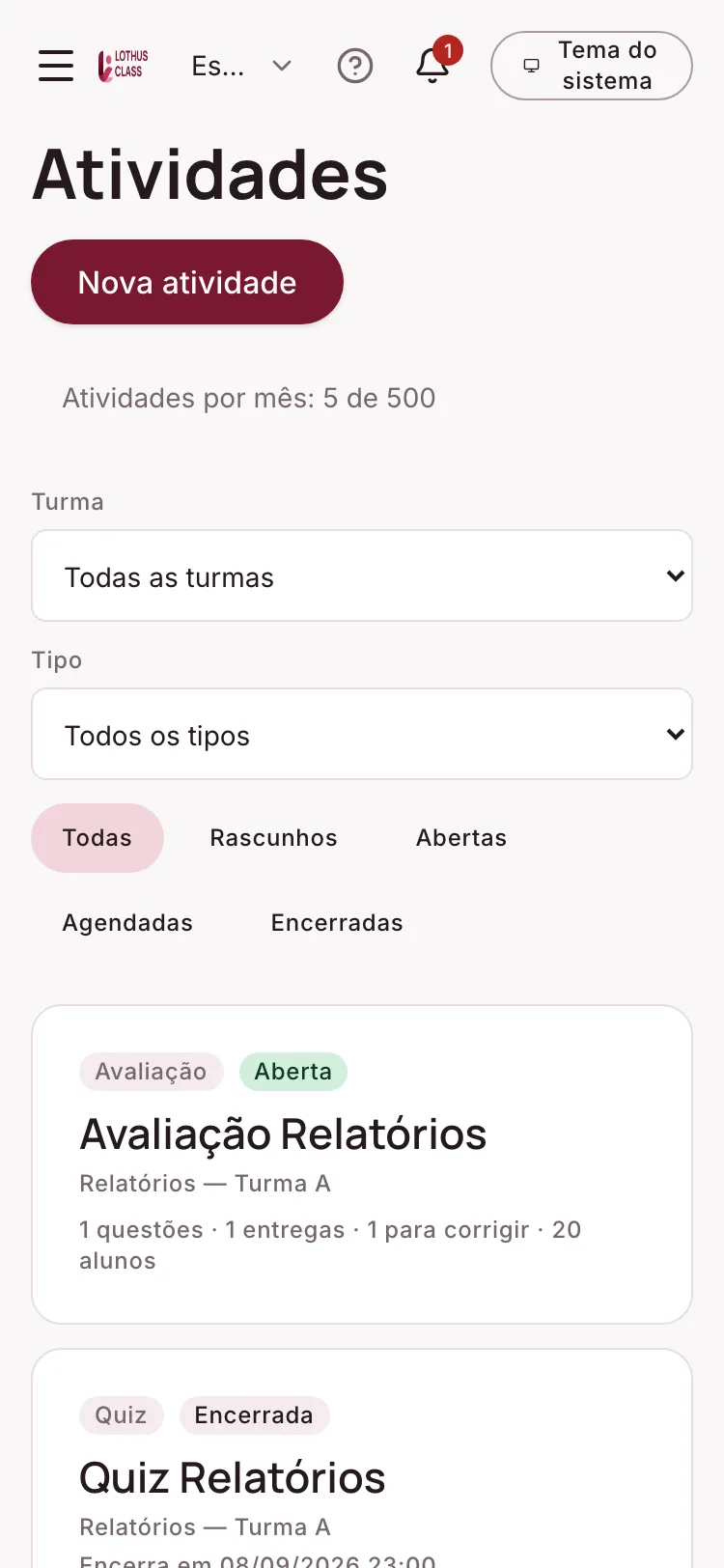 Tela de Atividades, quizzes e avaliações no Lothus Class