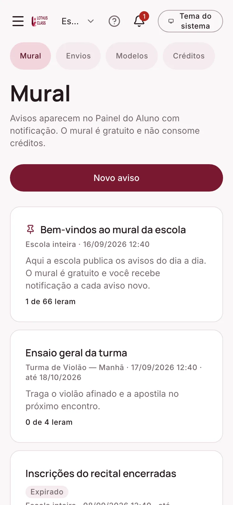 Tela de Avisos e comunicação no Lothus Class