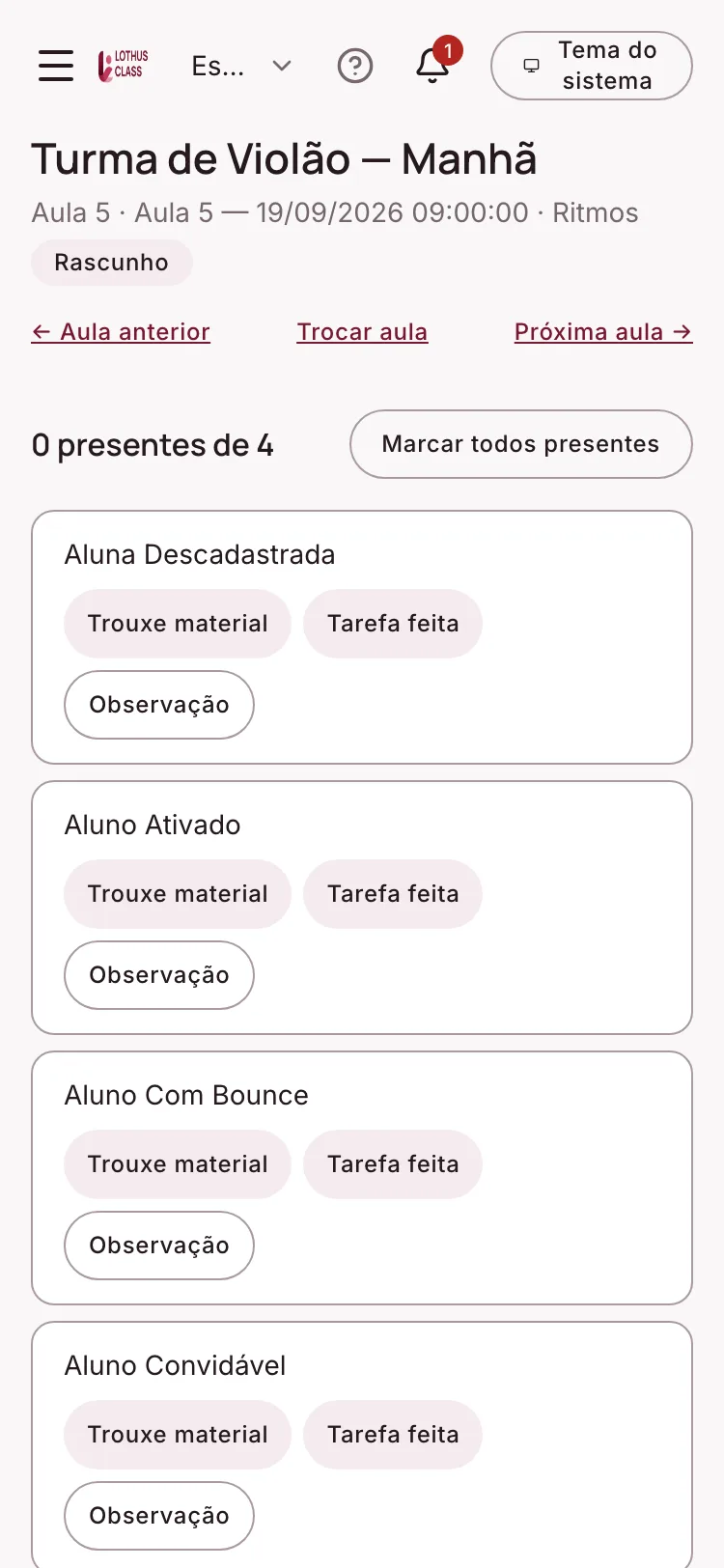 Tela de Chamada em segundos no Lothus Class