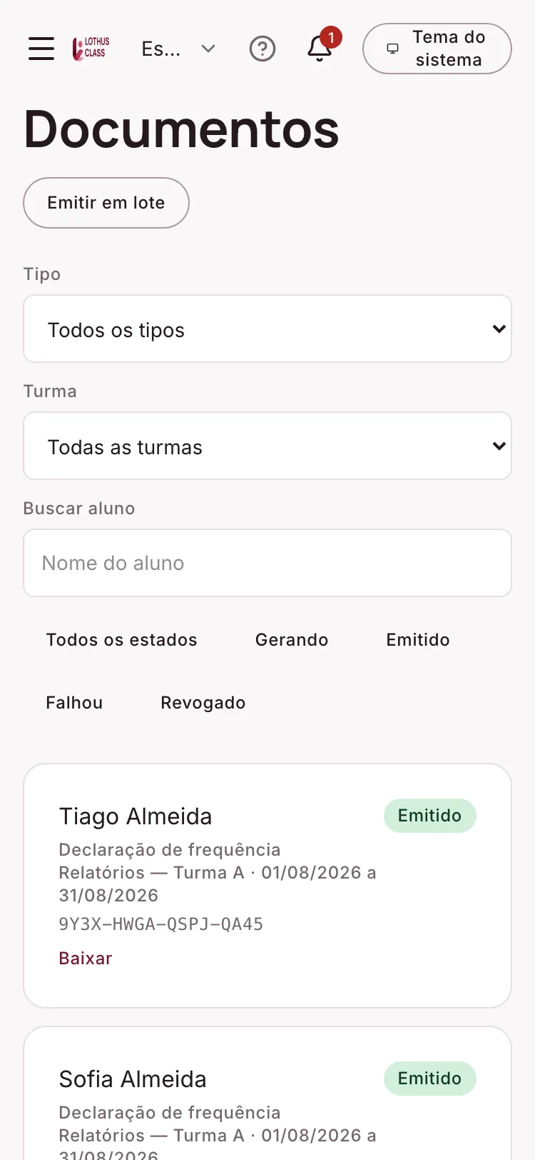 Tela de Documentos verificáveis no Lothus Class