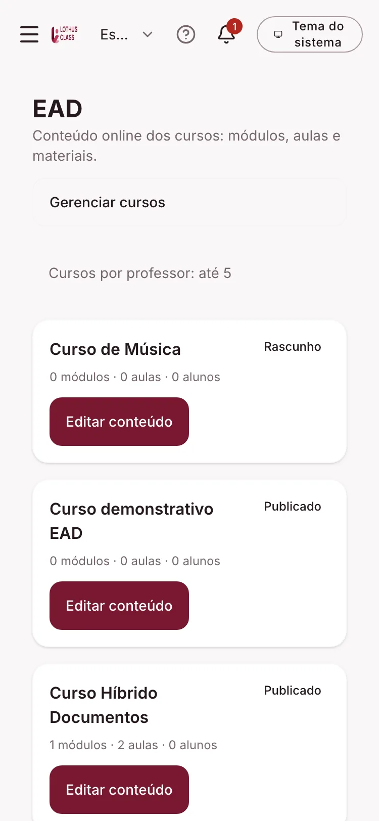 Tela de EAD integrado no Lothus Class