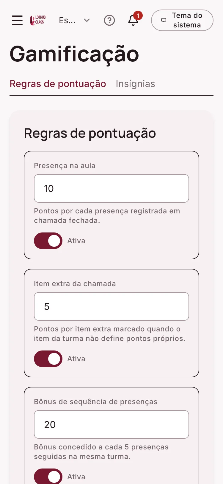 Tela de Gamificação no Lothus Class