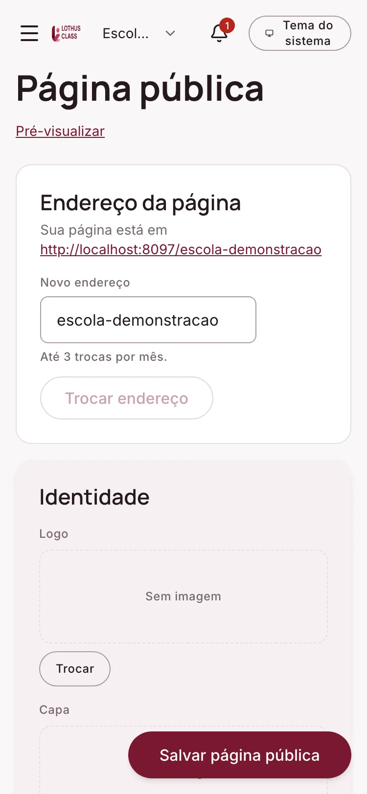 Tela de Página pública da escola no Lothus Class