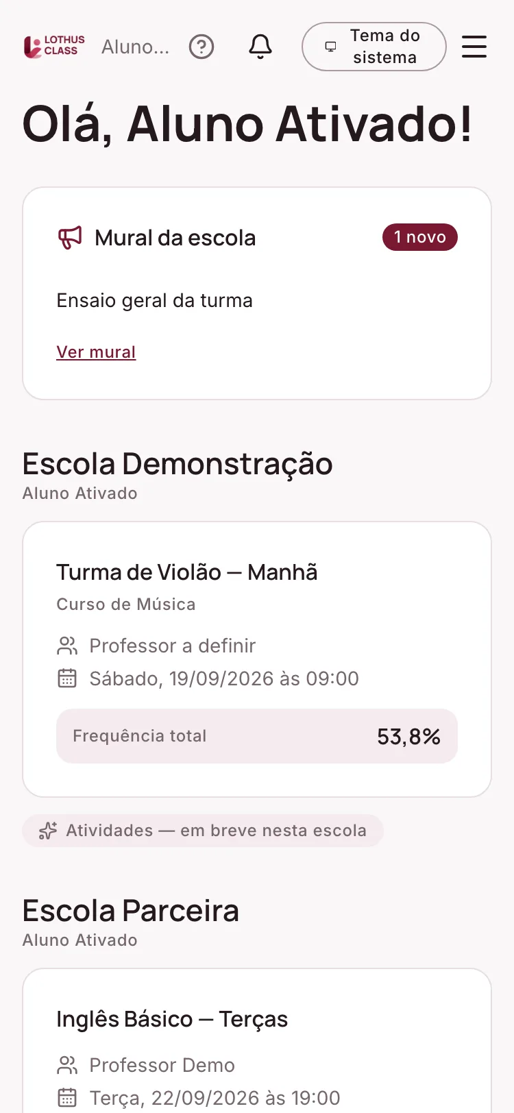 Tela de Portal do aluno no Lothus Class