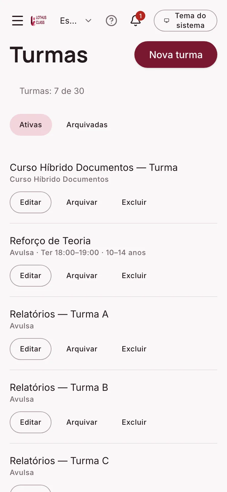 Tela de Cursos, turmas e aulas no Lothus Class